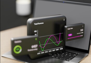 laptop computer 3d illustration , web data analysis seo ai dashboard progamming metric username 