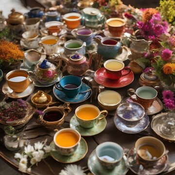 A tray of assorted herbal teas in colorful teacups with saucers and spoons2