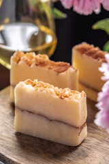 Pieces of natural soap made with white wine. Concept of organic cosmetics for skin care, a beautiful postcard, an unusual product, an interesting idea