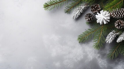 Christmas Decoration Themed with Fir Branches on Gray Background, Copy Space. Generative AI
