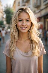 Obraz premium Young blonde girl joyful with beautiful hair smiling, standing in the street, natural beauty.