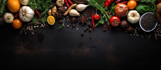 Cooking ingredients displayed on black stone table with spices herbs and vegetables Top view with space for text - obrazy, fototapety, plakaty