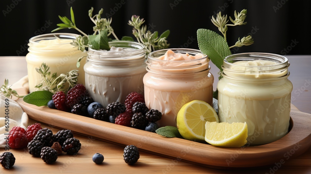 Canvas Prints jars of natural cream and ingredients on wooden plate