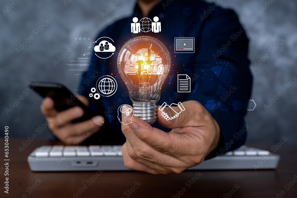 Poster hand holding light bulb, global internet connection cloud computing. business global internet connec