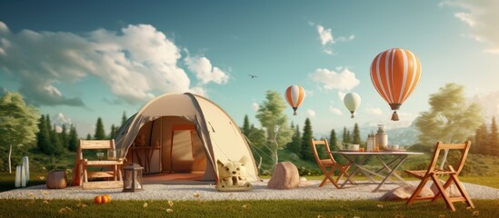 Minimal a summer camping site with a wooden table bonfire hot air balloon and tent
