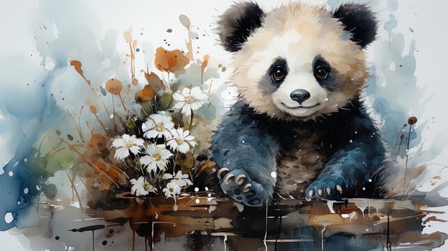 A Watercolor painting of an adorable young panda surrounded by flowers.
