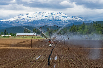 Farm sprinklers with a view, Mt Adams.