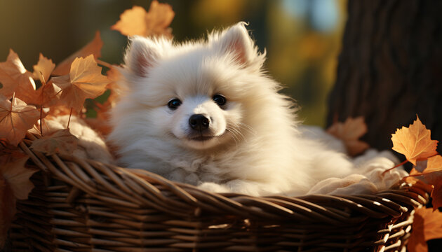 A small, cute Pomeranian puppy sitting in autumn grass generated by AI