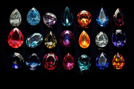 Jewel on black shine color, Collection of many different natural gemstones amethyst, lapis lazuli, rose quartz, citrine, ruby, amazonite, moonstone, labradorite, chalcedony, blue topaz