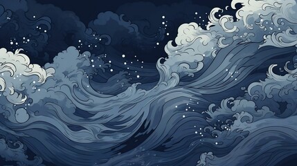 Ukiyo-e style splashing ocean tide on dark blue background
 - obrazy, fototapety, plakaty