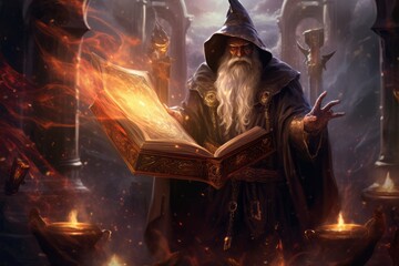 a drawing illustration of a old fire magic wizard man with long grey hair and white beard holding a magical book and using fire ball spells. background wallpaper. Generative AI - obrazy, fototapety, plakaty