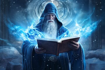 a drawing illustration of a old ice magic wizard man with long grey hair and white beard holding a magical book and using freeze sphere spells. background wallpaper. Generative AI
