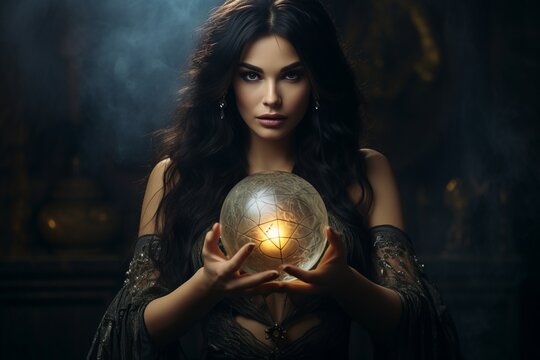 a young beautiful black hair female witch sorceress fortune teller occultist holding a magical future telling sphere. forever young lady. castle interior background. Generative AI