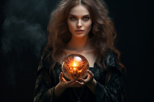a young beautiful ginger hair female witch sorceress fortune teller occultist holding a magical future telling sphere. forever young lady. castle interior background. Generative AI
