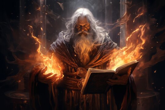 a drawing illustration of a old fire magic wizard man with long grey hair and white beard holding a magical book and using fire ball spells. background wallpaper. Generative AI