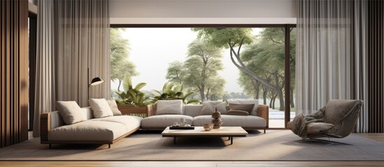 a contemporary living room featuring a brown fabric sofa open folding doors overlooking a terrace and swaying curtains
