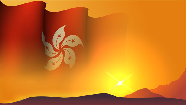 hongkong waving flag background design on sunset view vector illustration