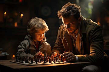 Father and son are playing chess while spending time together at home