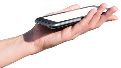 Hand holding smartphone on transparent, png. Mobile phone with blank screen. smartphone concept. app concept.