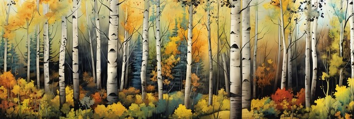 forest trees leaves autumn aspen grove background soft brown yellow blacks buff covert tall mountains birches - obrazy, fototapety, plakaty