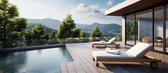 Contemporary residence with outdoor terrace pool and forest view - obrazy, fototapety, plakaty