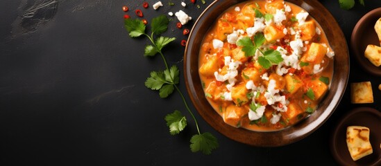 Indian style cottage cheese curry in a bowl on a white stone background with room for text