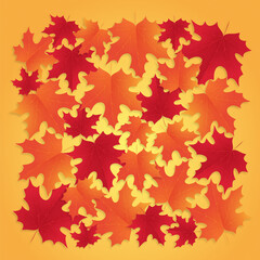 Composition with colorful autumn maple leaves. Autumn maple leaves set pattern vector digital art print. Red, yellow, orange maple leaves on a orange background