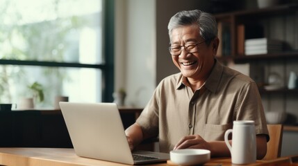 Fototapeta na wymiar Happy old man positive, Portrait Asian Senior man and eyeglasses using computer laptop.