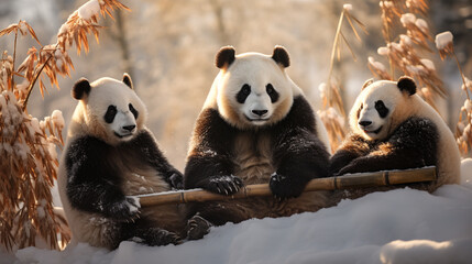 Panda in forest in the winter.  - obrazy, fototapety, plakaty