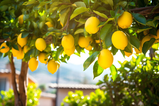  lemons growing in a sunny garden on amalfi coast in italy 