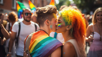 LGBTQ couples Supporting each other at a pride parade - obrazy, fototapety, plakaty