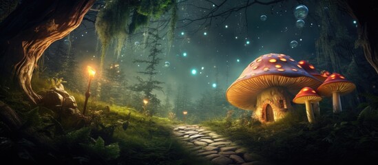 Enchanting fantasy forest with giant mushrooms magical dwelling in pine tree hollow and sparkling fairytale butterflies