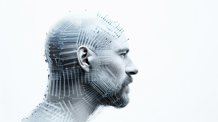 bearded Man face profile on a white background with artificial intelligence and technological symbols