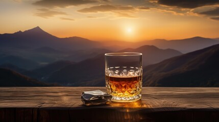 A whiskey glass and a bottle on a bar table In the background are mountains and a sea of mist at sunset.