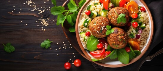 Buddha bowl with quinoa meatballs and salad on wooden table healthy and vegetarian - obrazy, fototapety, plakaty