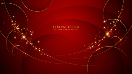 Red luxury background with gold circle, line curve, and glittering light effects
