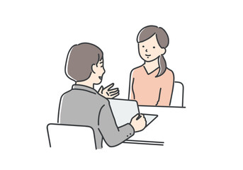 担当者の説明を聞く若い女性