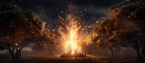 visualization of large bonfire with sparks and particles in front of wooded area and night sky - Powered by Adobe