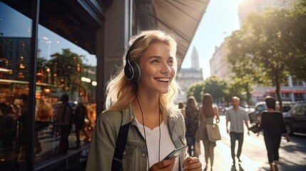 Happy woman holding cell phone enjoying music through wireless headphones on Walk on the sidewalk behind the attraction - obrazy, fototapety, plakaty