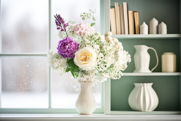 Interior design with floral arrangements and window decor