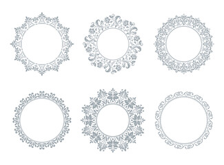 Set of decorative frames Elegant vector element for design in Eastern style, place for text. Floral gray and white borders. Lace illustration for invitations and greeting cards
