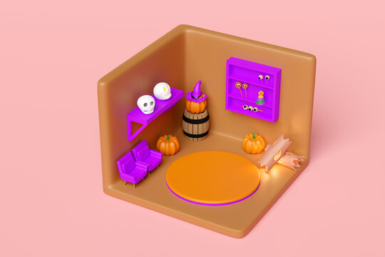 3d isometric room for halloween holiday party with cylinder stage podium empty, pumpkin head, tree, timber, skull, sofa, wooden barrel isolated on pink background. 3d render illustration