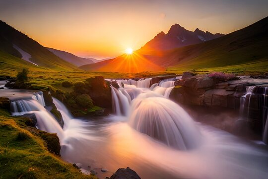 mountain river in the morning, waterfall in mountains at sunrise