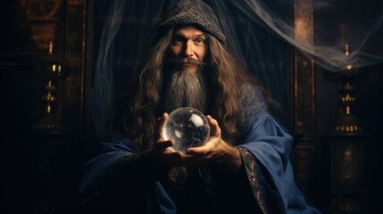 Wizard looking in crystal ball to predict future