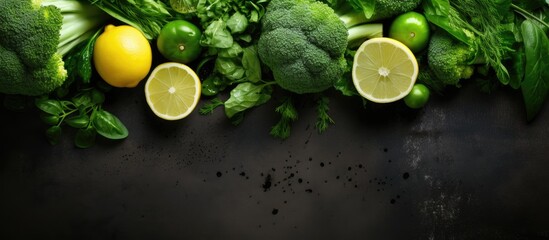Obraz premium Fresh green produce including green vegetables displayed in a flat lay with a top down view representing a healthy vegetarian food concept