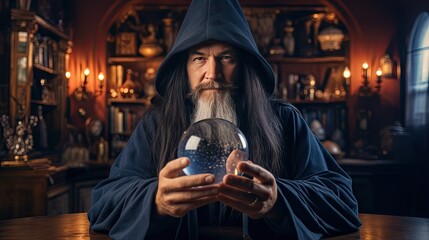 Wizard looking in crystal ball to predict future - obrazy, fototapety, plakaty