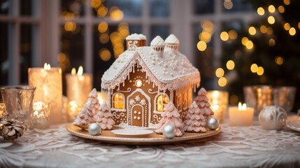Fototapeta na wymiar Photo of a beautifully decorated gingerbread house on a festive table created with Generative AI technology