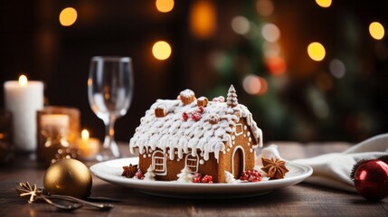 Fototapeta na wymiar Photo of a beautifully decorated gingerbread house on a festive table created with Generative AI technology
