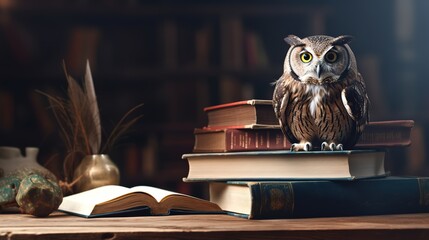 owl sitting on books - obrazy, fototapety, plakaty