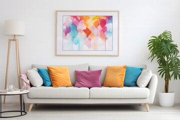 modern living room with a white sofa adorned with colorful cushions, a vibrant abstract painting on the wall, a stylish floor lamp